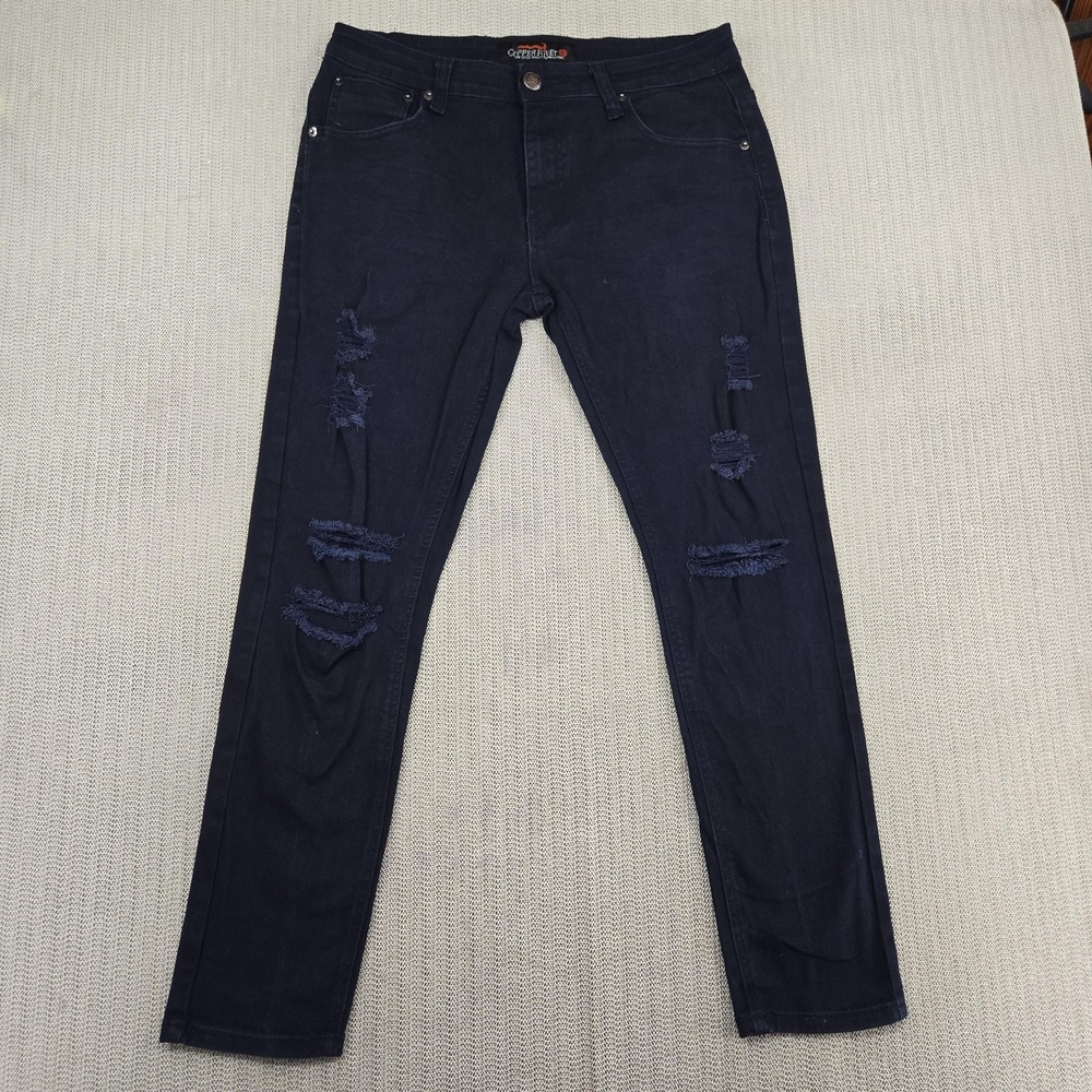 Copper Rivet Jeans Mens 34x30 Dark Blue Distressed Slim Fit Stretch Denim